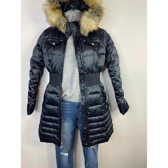 Laundry Shelli Segal Dark Navy Blue Faux Fur Down Cinched Puffer Coat womens M - Picture 13 of 17